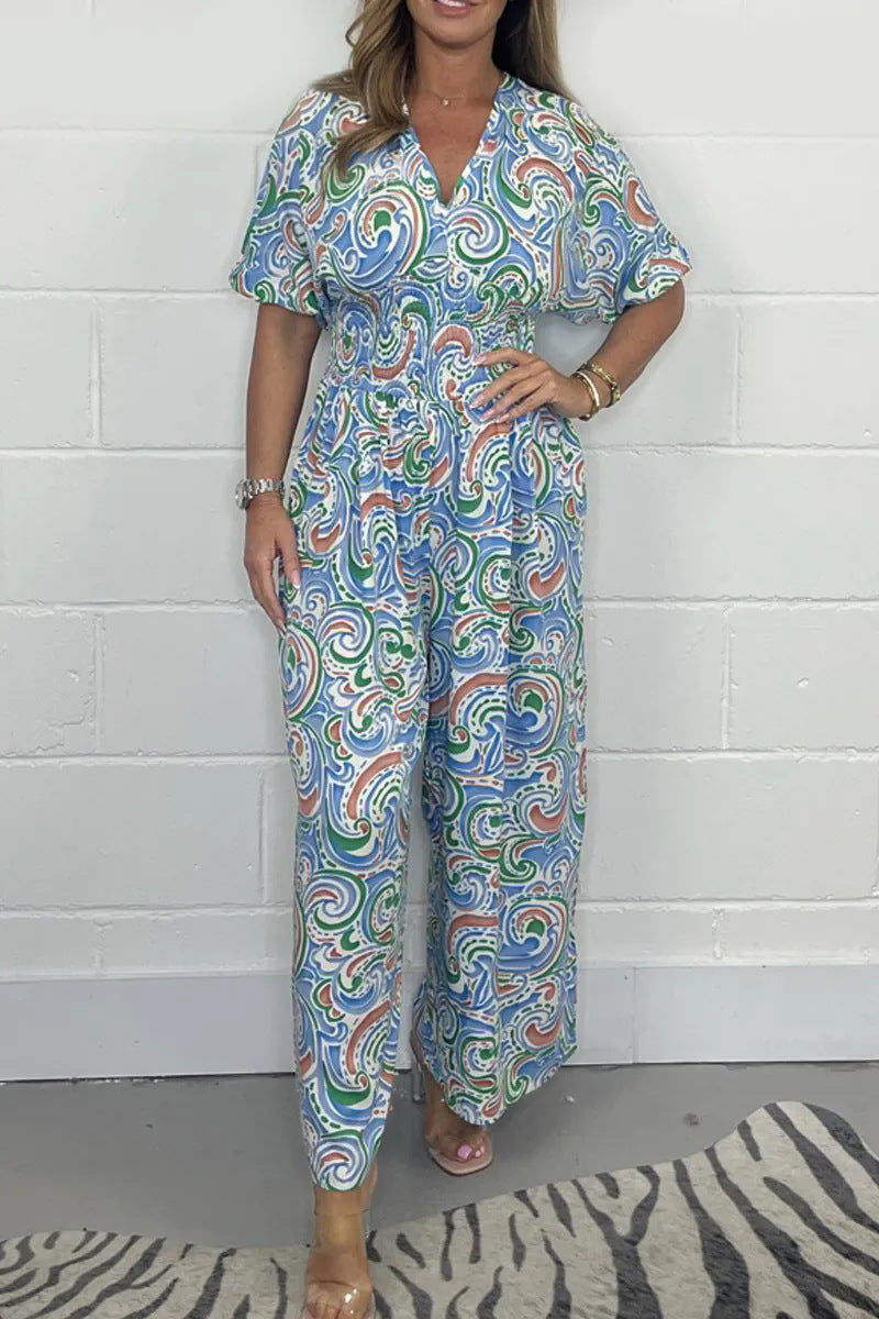 Women's V-Neck Printed Short-Sleeve Jumpsuits