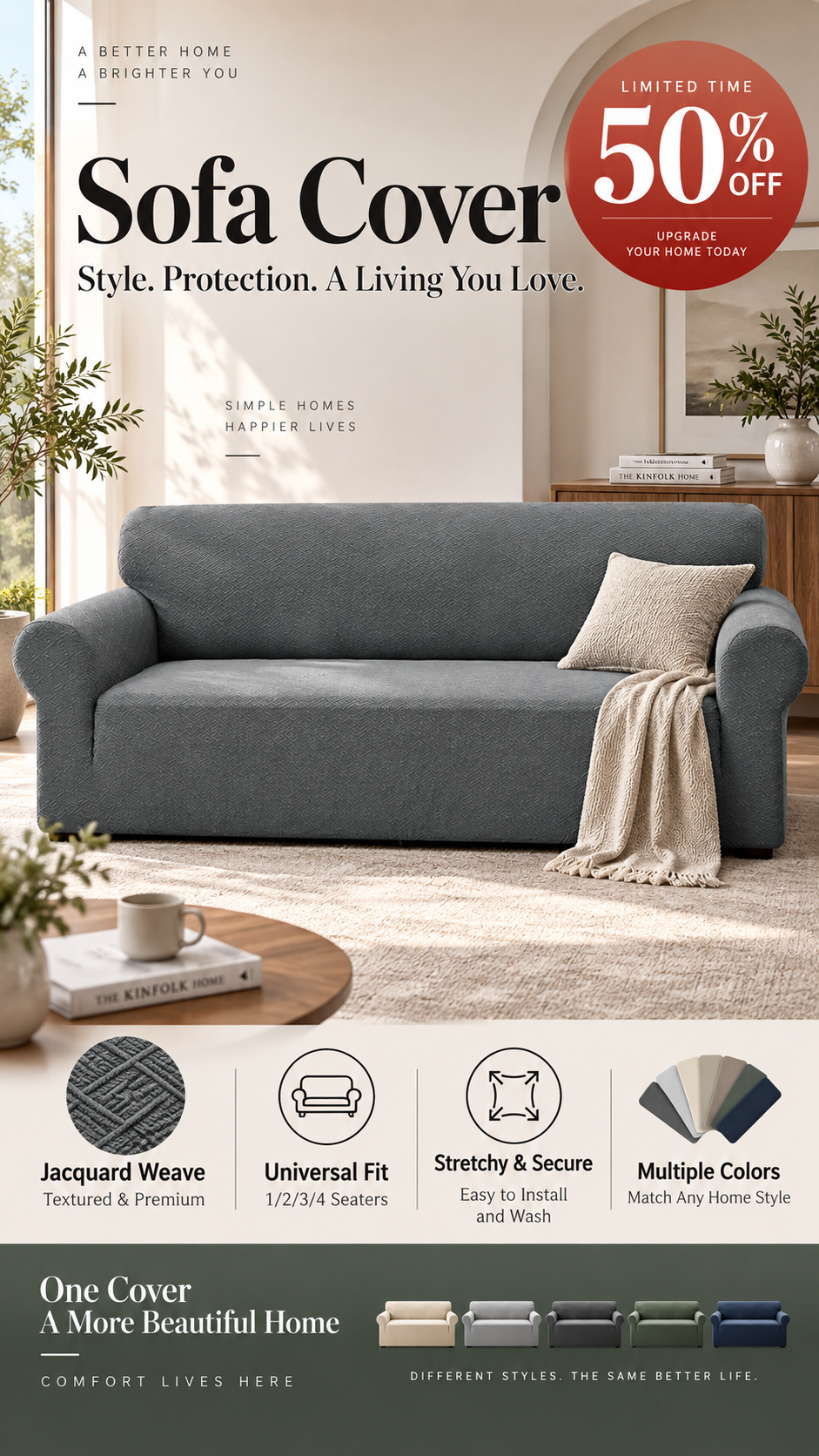 đ„Jacquard Sofa Cover with High Elasticity and Anti-slip Straps