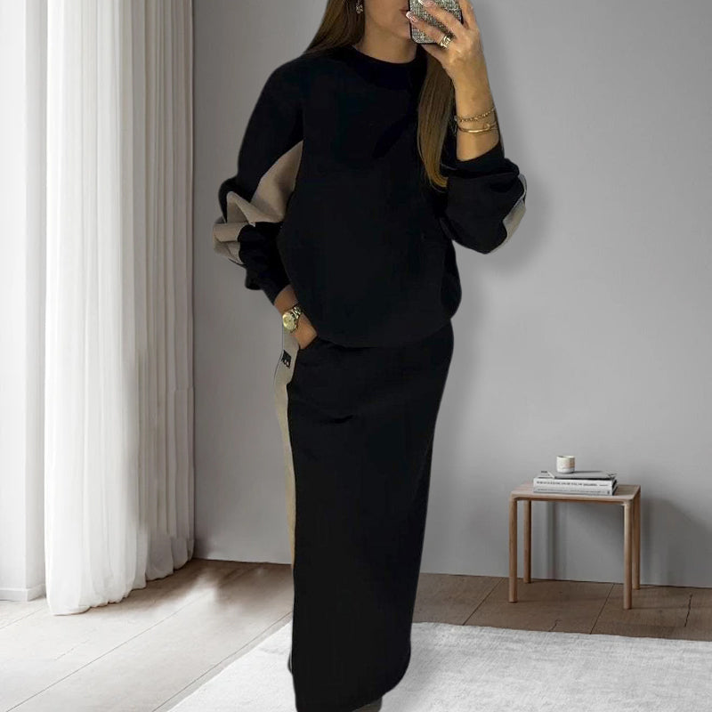 ✨Loose Colorblocking Long Sleeve Top & Split Skirt Set