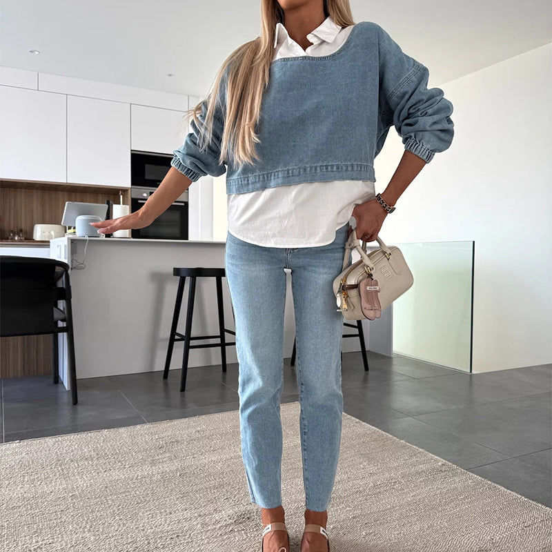 💟Women's Fashion Long Sleeve Denim Top & Pants Two Piece Set