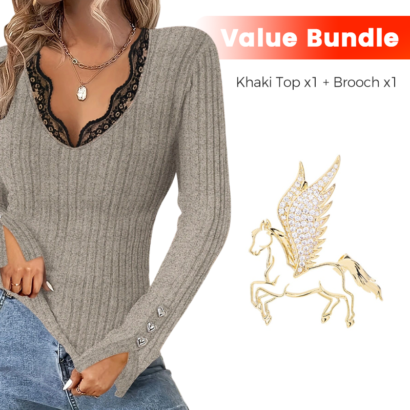 Value Bundle: Lace Detail V-Neck Top for Women + Brooch