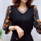 V-Neck Lace Trim Floral Sheer Sleeves Top