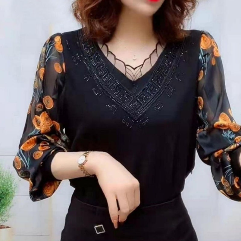 V-Neck Lace Trim Floral Sheer Sleeves Top