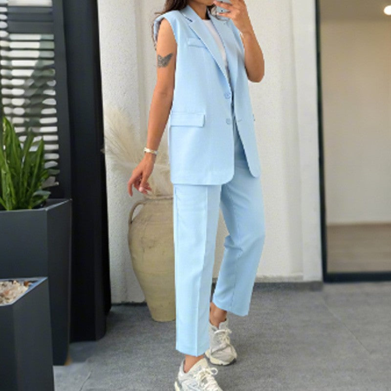💖Women’s Stylish Sleeveless Blazer & High-Waisted Pants Set