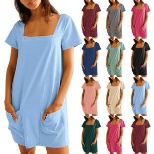 👗Women's Casual Square Neck Pocket Short Sleeve Dress with Pockets