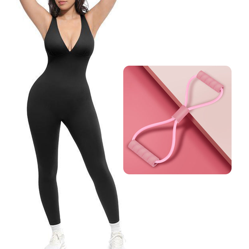 🌸High-Stretch V-Neck Jumpsuit – All-day ease for fitness & beyond. Breathable, flexible & effortlessly chic. Your go-to for movement. 🧘‍♀️💫
