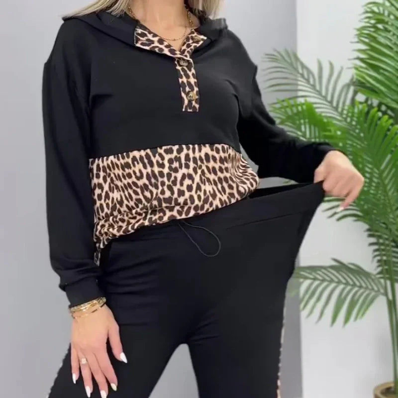 🔥 Leopard Print Casual Patchwork Sweatshirt Two-Piece Set