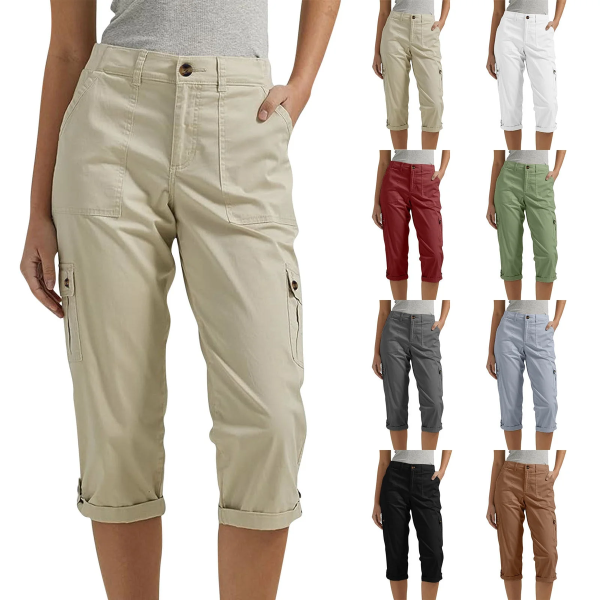 Multi-Pocket Solid Color Casual Cargo Capri Pants