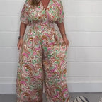 Women's V-Neck Printed Short-Sleeve Jumpsuits