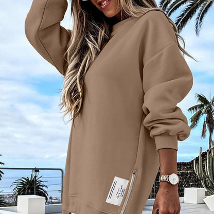 🔥2025 HOT SALE🔥 Long Sleeve Pullover Zipper Slit Casual Sweatshirt Dress