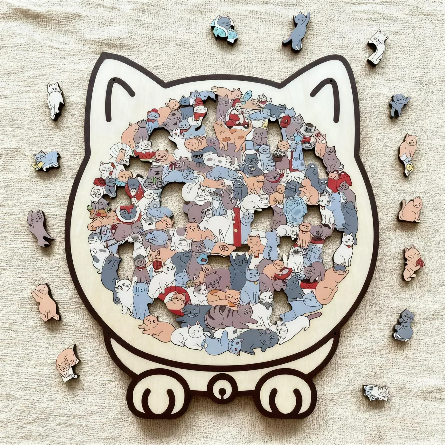 🎁135-Piece Morandi-Colored Cat Shaped Wooden Jigsaw Puzzle