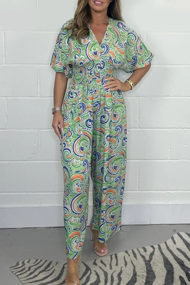 Women's V-Neck Printed Short-Sleeve Jumpsuits