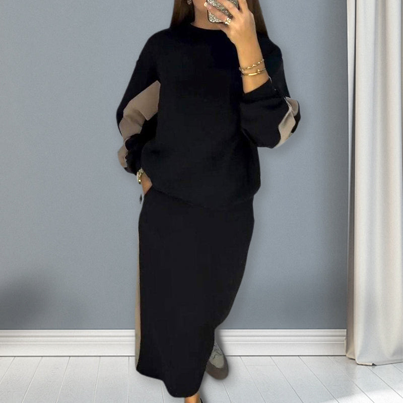 ✨Loose Colorblocking Long Sleeve Top & Split Skirt Set