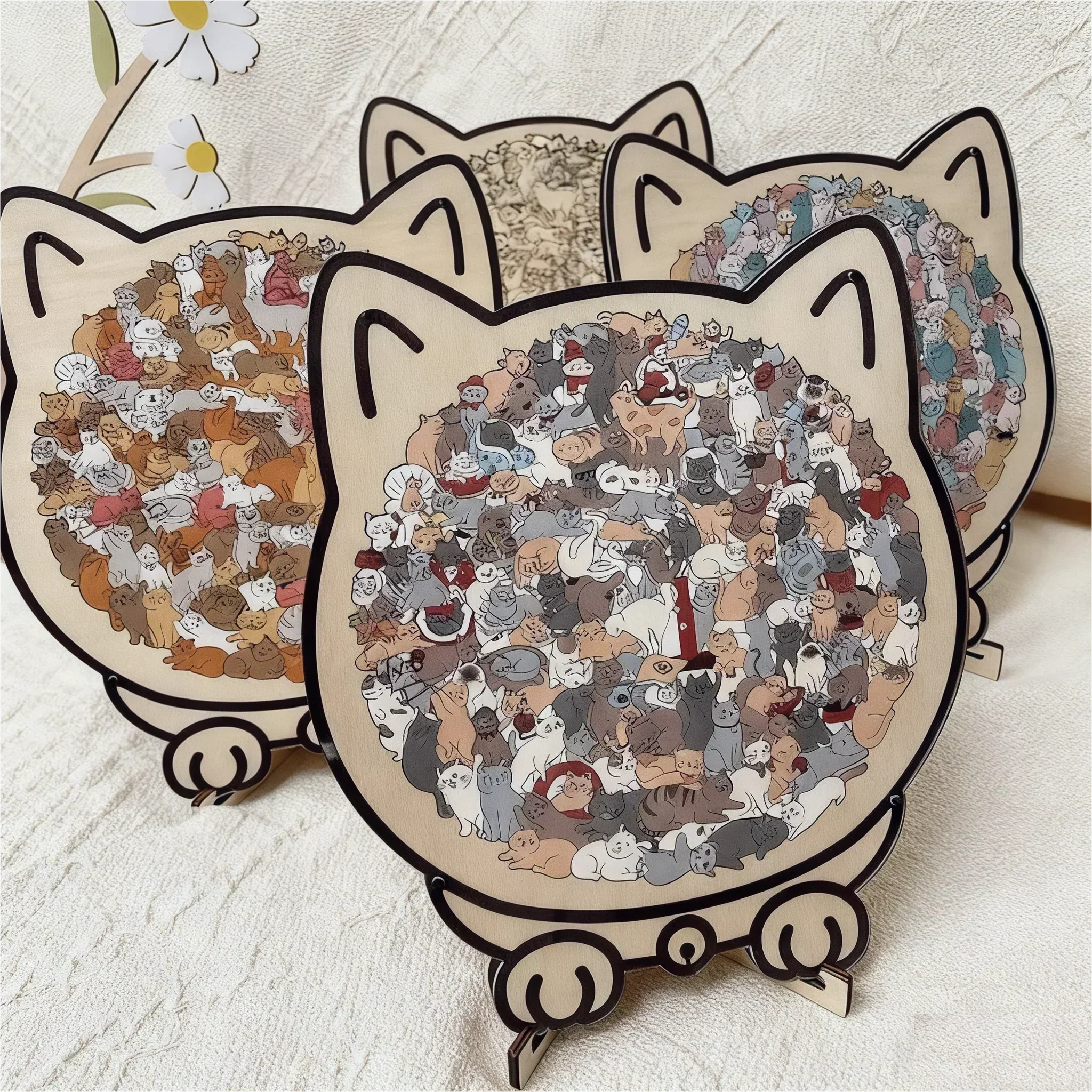 🎁135-Piece Morandi-Colored Cat Shaped Wooden Jigsaw Puzzle