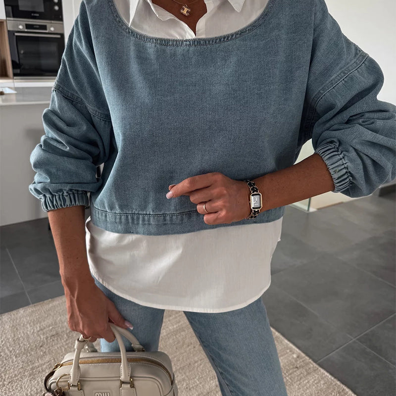 💟Women's Fashion Long Sleeve Denim Top & Pants Two Piece Set