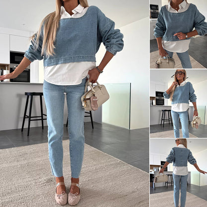 💟Women's Fashion Long Sleeve Denim Top & Pants Two Piece Set