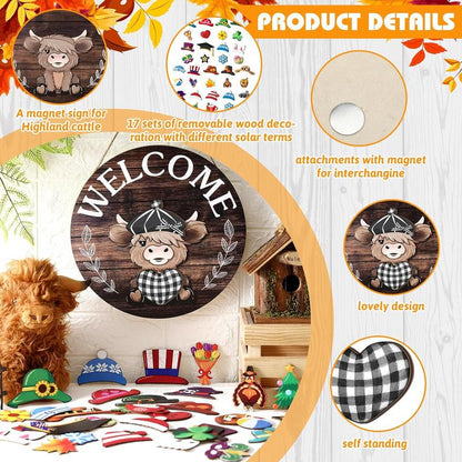 🐇 Easter Sale💥Highland Cow Sign Interchangeable Welcome Sign with Magnet Detachable Hats Cute Cattle Hanging