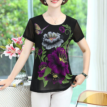 Women's Elegant Chiffon Short Sleeve Floral Print T-Shirt