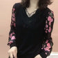 V-Neck Lace Trim Floral Sheer Sleeves Top
