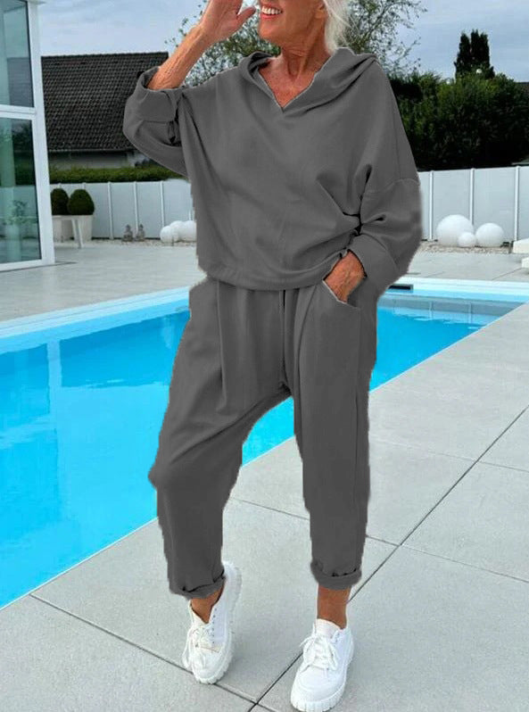 🎉Women's Two-Piece Solid Color Hooded Sweatshirt Set