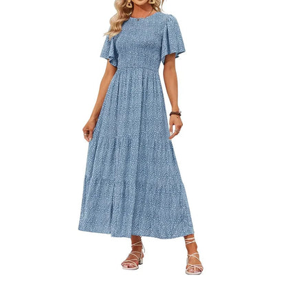 👗Women's Casual Floral Print Short Flutter Sleeve Smocked High Waist Flowy Maxi Dress