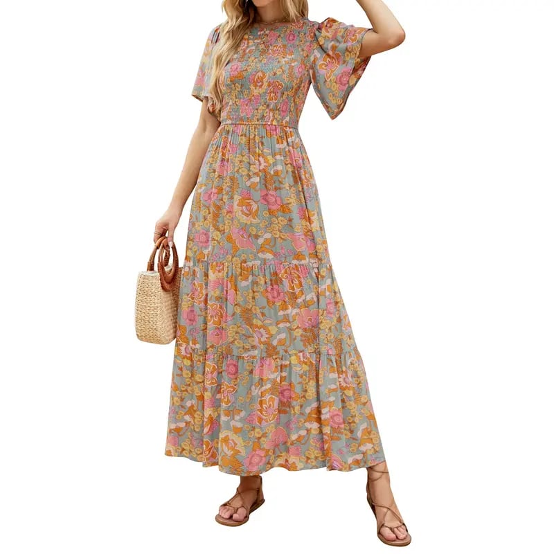 👗Women's Casual Floral Print Short Flutter Sleeve Smocked High Waist Flowy Maxi Dress