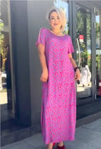 🔥50% OFF🔥Diamond Neck Pink Purple Floral Print Dress