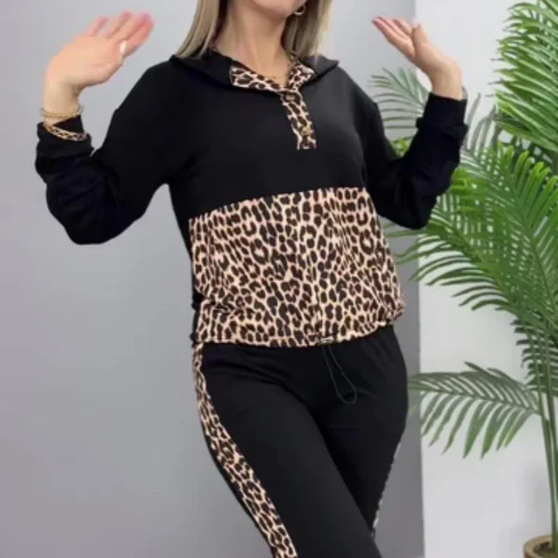 🔥 Leopard Print Casual Patchwork Sweatshirt Two-Piece Set