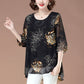 Floral 3/4 Sleeve Crew Neck Flowy Mesh Blouse