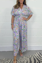Women's V-Neck Printed Short-Sleeve Jumpsuits