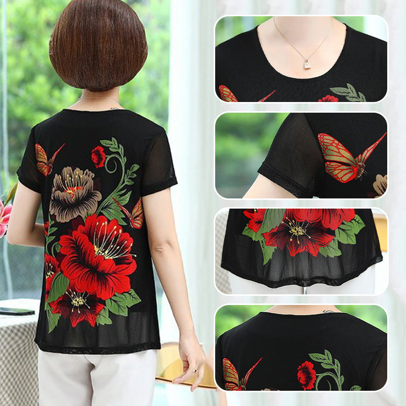 Women's Elegant Chiffon Short Sleeve Floral Print T-Shirt