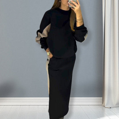 ✨Loose Colorblocking Long Sleeve Top & Split Skirt Set