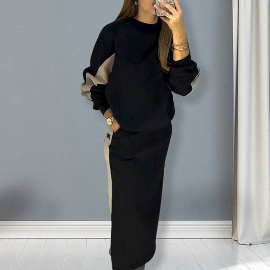 ✨Loose Colorblocking Long Sleeve Top & Split Skirt Set