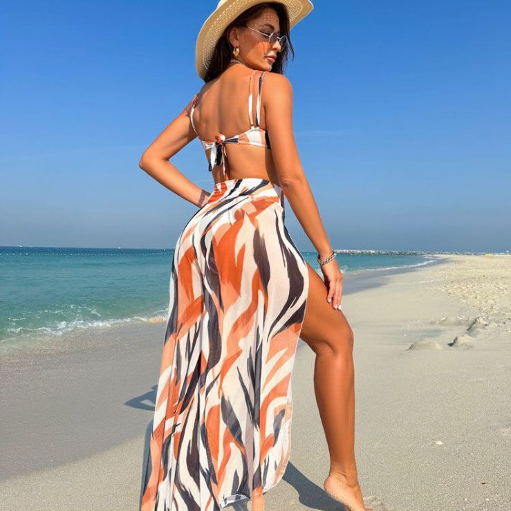 Women's Stylish 3-piece Swimsuit with Bra/ Panties/ High-slit Pants
