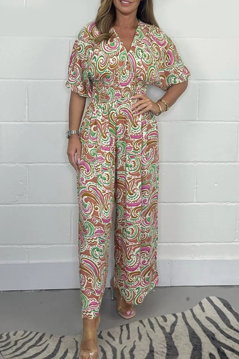 Women's V-Neck Printed Short-Sleeve Jumpsuits