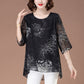 Floral 3/4 Sleeve Crew Neck Flowy Mesh Blouse