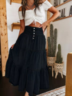 👗 Denim Maxi Skirt – High Waist, Tiered, A-Line, Button Front ✨