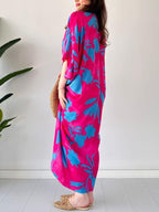 Fashion Printed Loose Bat Sleeves V-neck Drawstring Dress