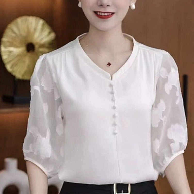 Comfortable V-neck Embroidered Three-Quarter Sleeve Top