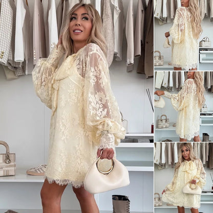 🌸Spring Specials🌸 Lace Mini Dress with Bow Tie Neck