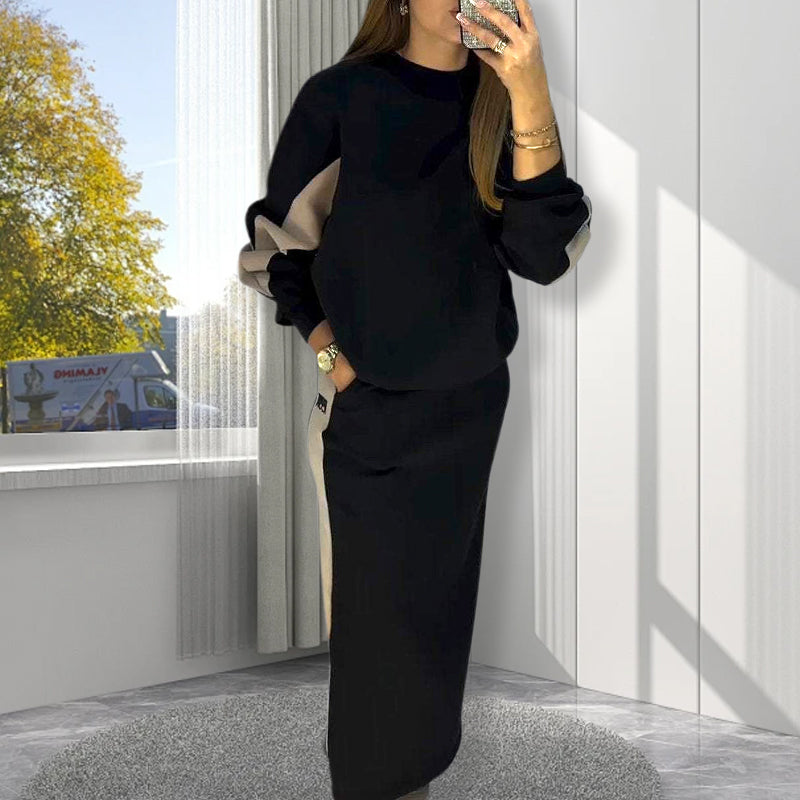 ✨Loose Colorblocking Long Sleeve Top & Split Skirt Set
