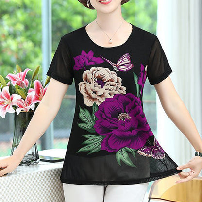 Women's Elegant Chiffon Short Sleeve Floral Print T-Shirt