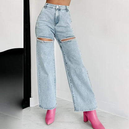 🎉Hot Sale🎉Women’s Rhinestone Ripped Straight-leg Jeans