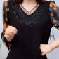 V-Neck Lace Trim Floral Sheer Sleeves Top