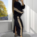 ✨Loose Colorblocking Long Sleeve Top & Split Skirt Set