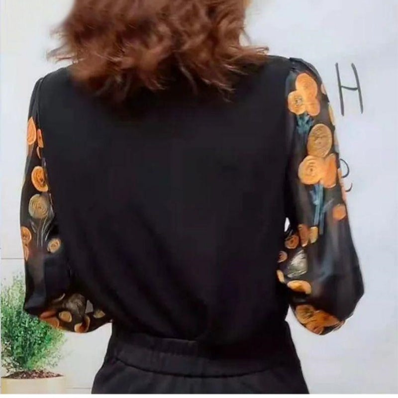 V-Neck Lace Trim Floral Sheer Sleeves Top