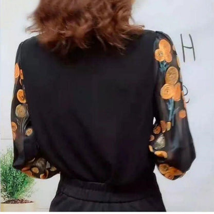 V-Neck Lace Trim Floral Sheer Sleeves Top