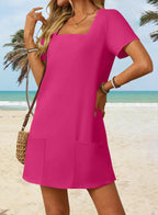 👗Women's Casual Square Neck Pocket Short Sleeve Dress with Pockets