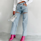 🎉Hot Sale🎉Women’s Rhinestone Ripped Straight-leg Jeans