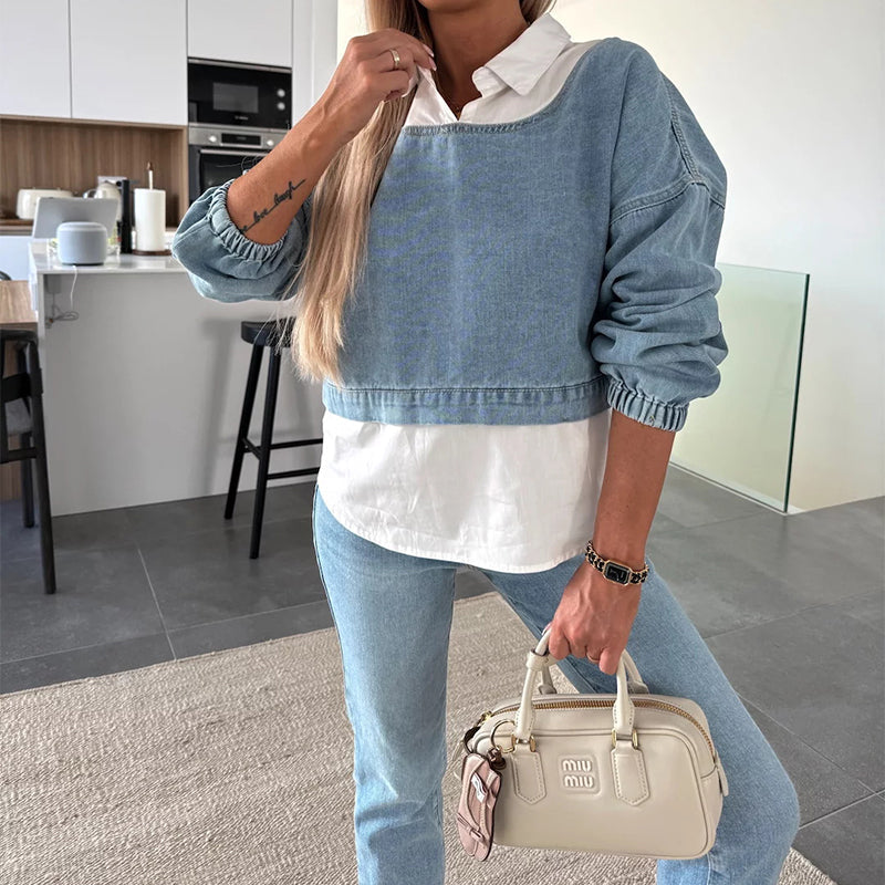 💟Women's Fashion Long Sleeve Denim Top & Pants Two Piece Set
